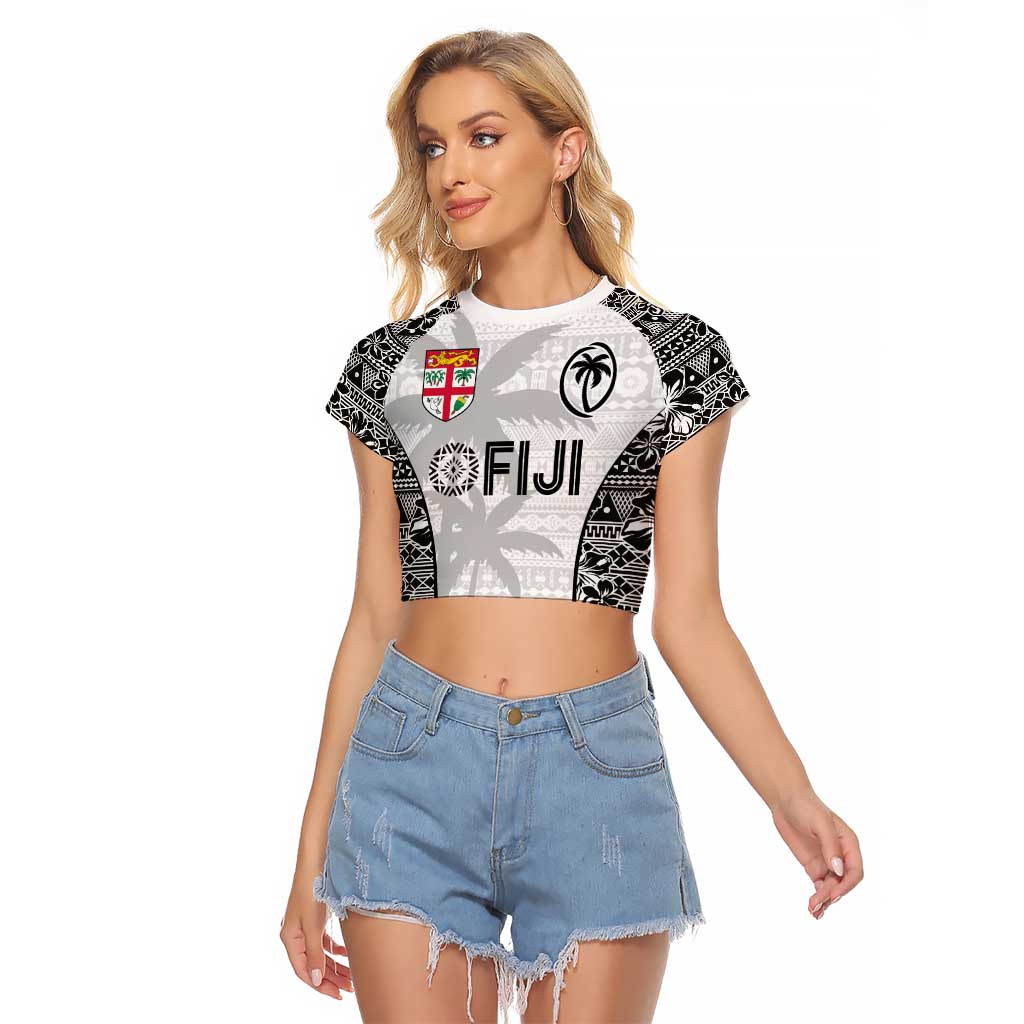 Custom Fiji Pacific Rugby 2024 Raglan Cropped T Shirt Tapa Tribal and Fijian Masi Pattern LT03 Female White - Polynesian Pride