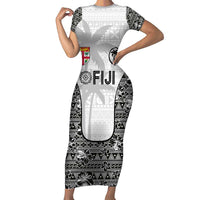 Custom Fiji Pacific Rugby 2024 Short Sleeve Bodycon Dress Tapa Tribal and Fijian Masi Pattern LT03 Long Dress White - Polynesian Pride