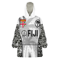 Custom Fiji Pacific Rugby 2024 Wearable Blanket Hoodie Tapa Tribal and Fijian Masi Pattern LT03 One Size White - Polynesian Pride