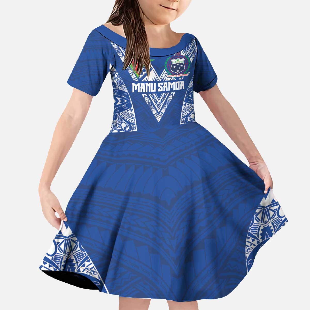 Custom Samoa Pacific Rugby 2024 Family Matching Off The Shoulder Long Sleeve Dress and Hawaiian Shirt Polynesian Pacific Tribal Pattern LT03 Daughter's Dress Blue - Polynesian Pride