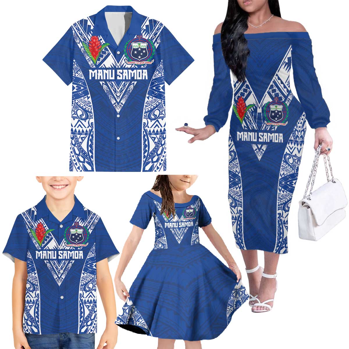 Custom Samoa Pacific Rugby 2024 Family Matching Off The Shoulder Long Sleeve Dress and Hawaiian Shirt Polynesian Pacific Tribal Pattern LT03 - Polynesian Pride
