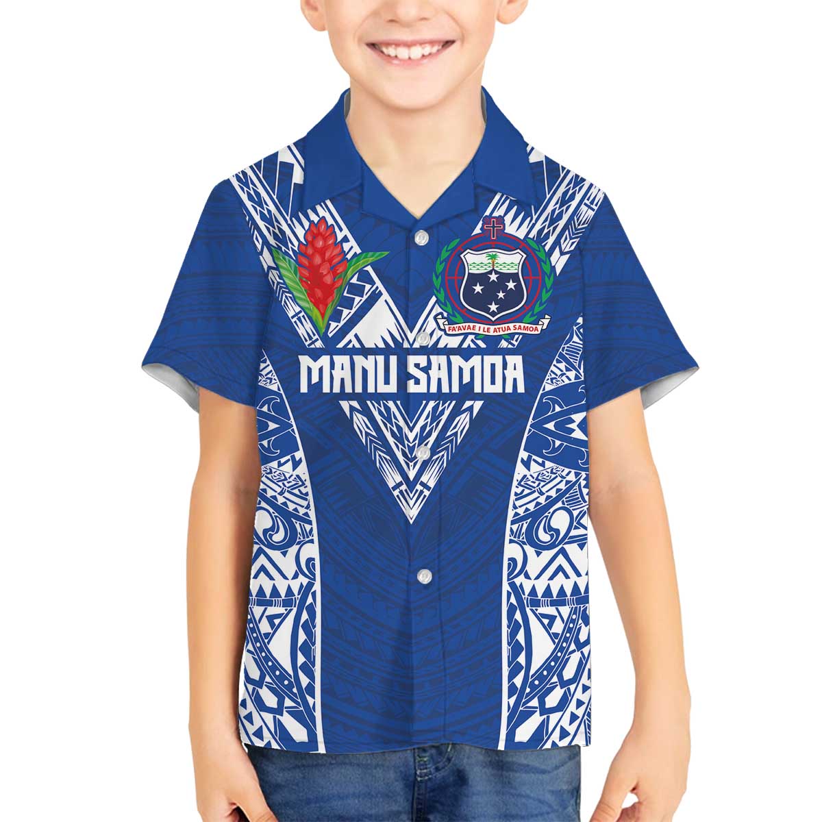 Custom Samoa Pacific Rugby 2024 Family Matching Off The Shoulder Long Sleeve Dress and Hawaiian Shirt Polynesian Pacific Tribal Pattern LT03 Son's Shirt Blue - Polynesian Pride
