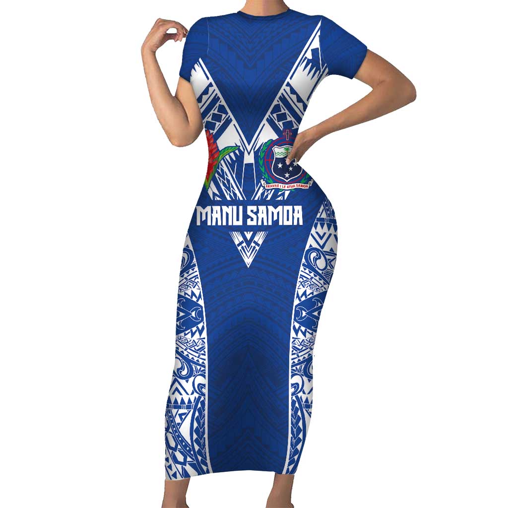 Custom Samoa Pacific Rugby 2024 Family Matching Short Sleeve Bodycon Dress and Hawaiian Shirt Polynesian Pacific Tribal Pattern LT03 Mom's Dress Blue - Polynesian Pride