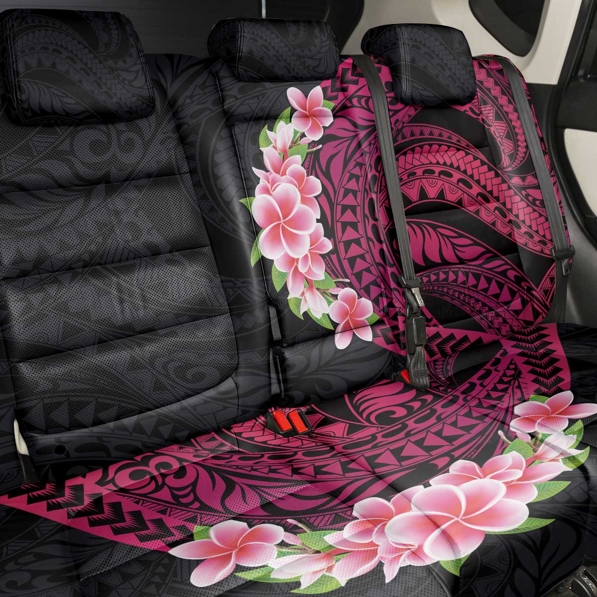 Hawaiian Tropical Plumeria Art Polynesian Tattoo Back Car Seat Cover Black and Bright Pink Color LT03 - Polynesian Pride