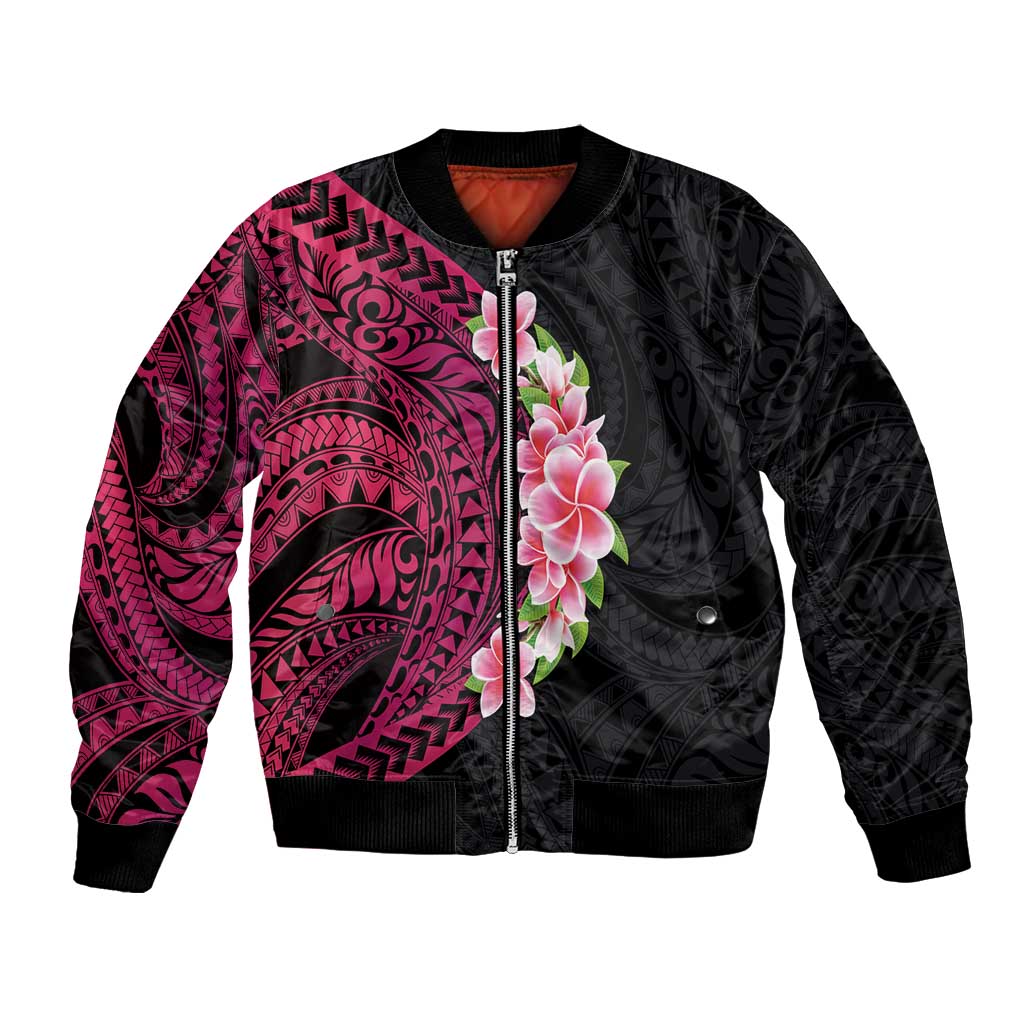 Hawaiian Tropical Plumeria Art Polynesian Tattoo Bomber Jacket Black and Bright Pink Color LT03 Unisex Pink - Polynesian Pride