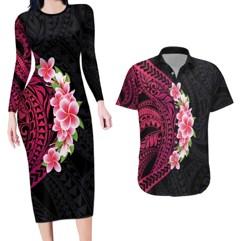 Hawaiian Tropical Plumeria Art Polynesian Tattoo Couples Matching Long Sleeve Bodycon Dress and Hawaiian Shirt Black and Bright Pink Color LT03 Pink - Polynesian Pride