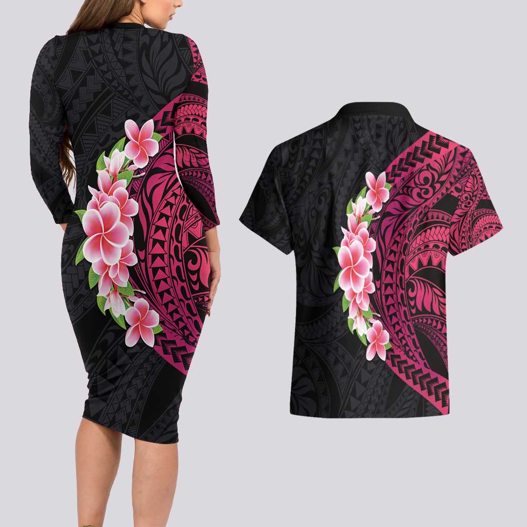 Hawaiian Tropical Plumeria Art Polynesian Tattoo Couples Matching Long Sleeve Bodycon Dress and Hawaiian Shirt Black and Bright Pink Color LT03 - Polynesian Pride
