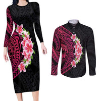 Hawaiian Tropical Plumeria Art Polynesian Tattoo Couples Matching Long Sleeve Bodycon Dress and Long Sleeve Button Shirt Black and Bright Pink Color LT03 Pink - Polynesian Pride