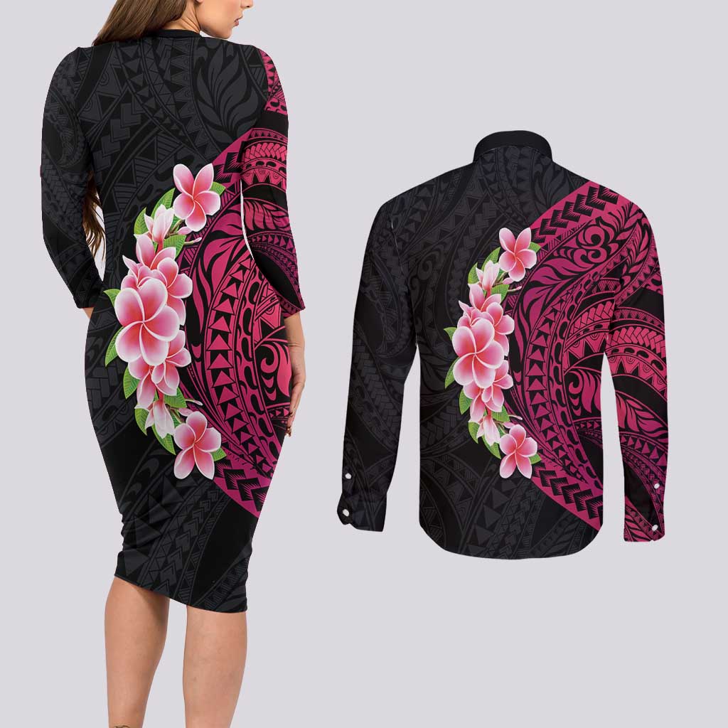 Hawaiian Tropical Plumeria Art Polynesian Tattoo Couples Matching Long Sleeve Bodycon Dress and Long Sleeve Button Shirt Black and Bright Pink Color LT03 - Polynesian Pride