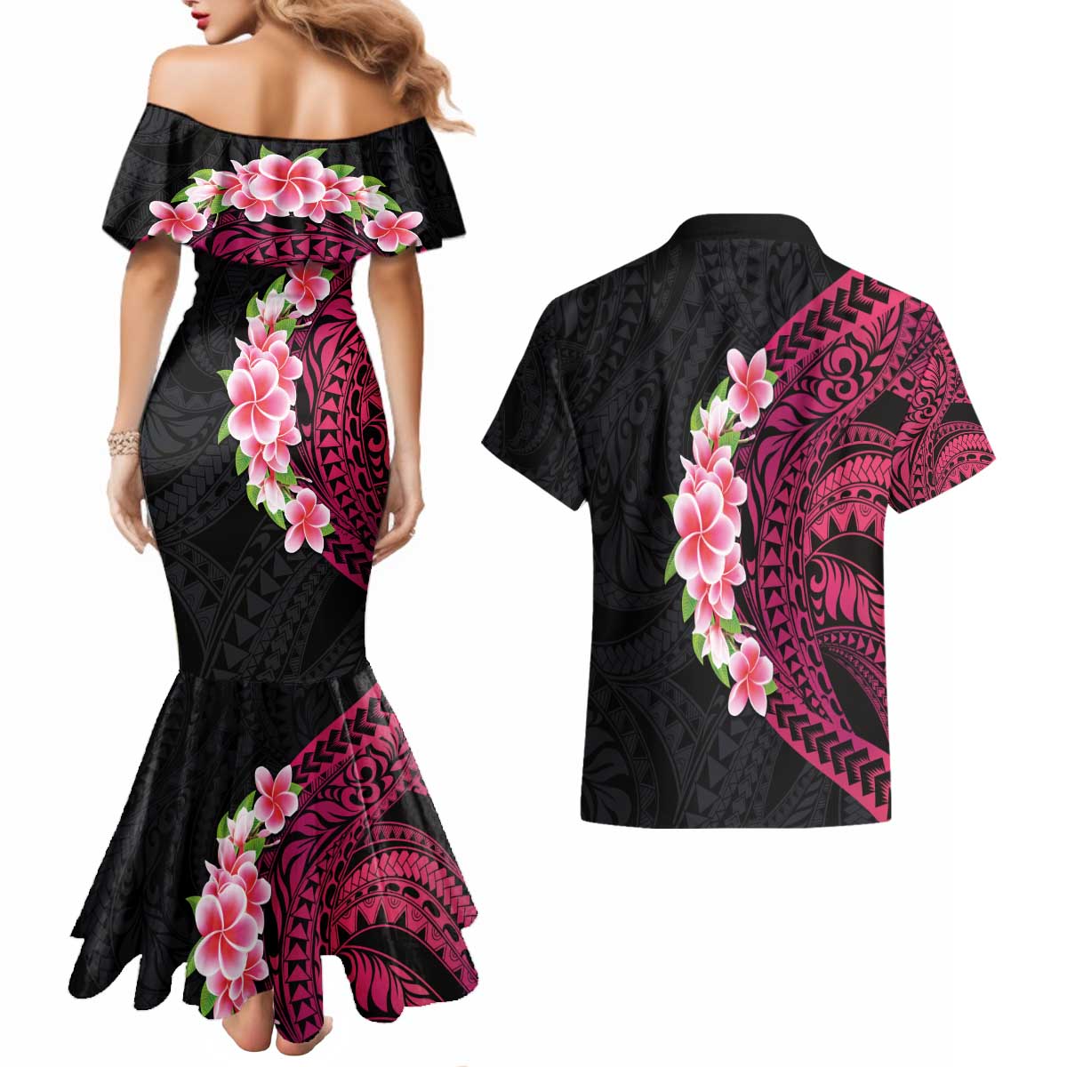 Hawaiian Tropical Plumeria Art Polynesian Tattoo Couples Matching Mermaid Dress and Hawaiian Shirt Black and Bright Pink Color LT03 - Polynesian Pride