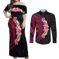 Hawaiian Tropical Plumeria Art Polynesian Tattoo Couples Matching Off Shoulder Maxi Dress and Long Sleeve Button Shirt Black and Bright Pink Color LT03 Pink - Polynesian Pride