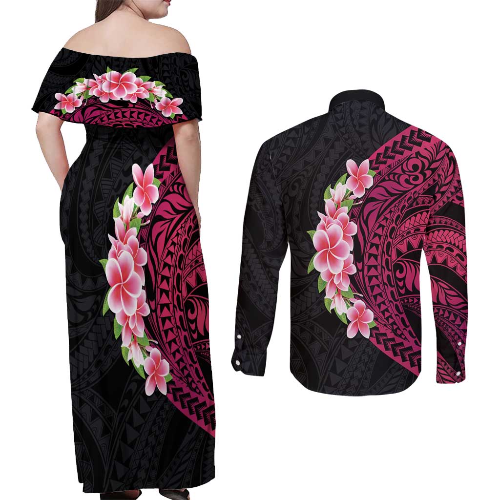 Hawaiian Tropical Plumeria Art Polynesian Tattoo Couples Matching Off Shoulder Maxi Dress and Long Sleeve Button Shirt Black and Bright Pink Color LT03 - Polynesian Pride