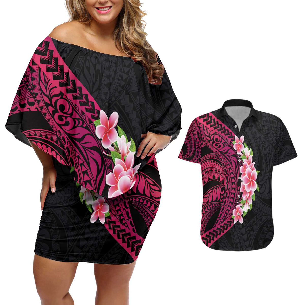 Hawaiian Tropical Plumeria Art Polynesian Tattoo Couples Matching Off Shoulder Short Dress and Hawaiian Shirt Black and Bright Pink Color LT03 Pink - Polynesian Pride