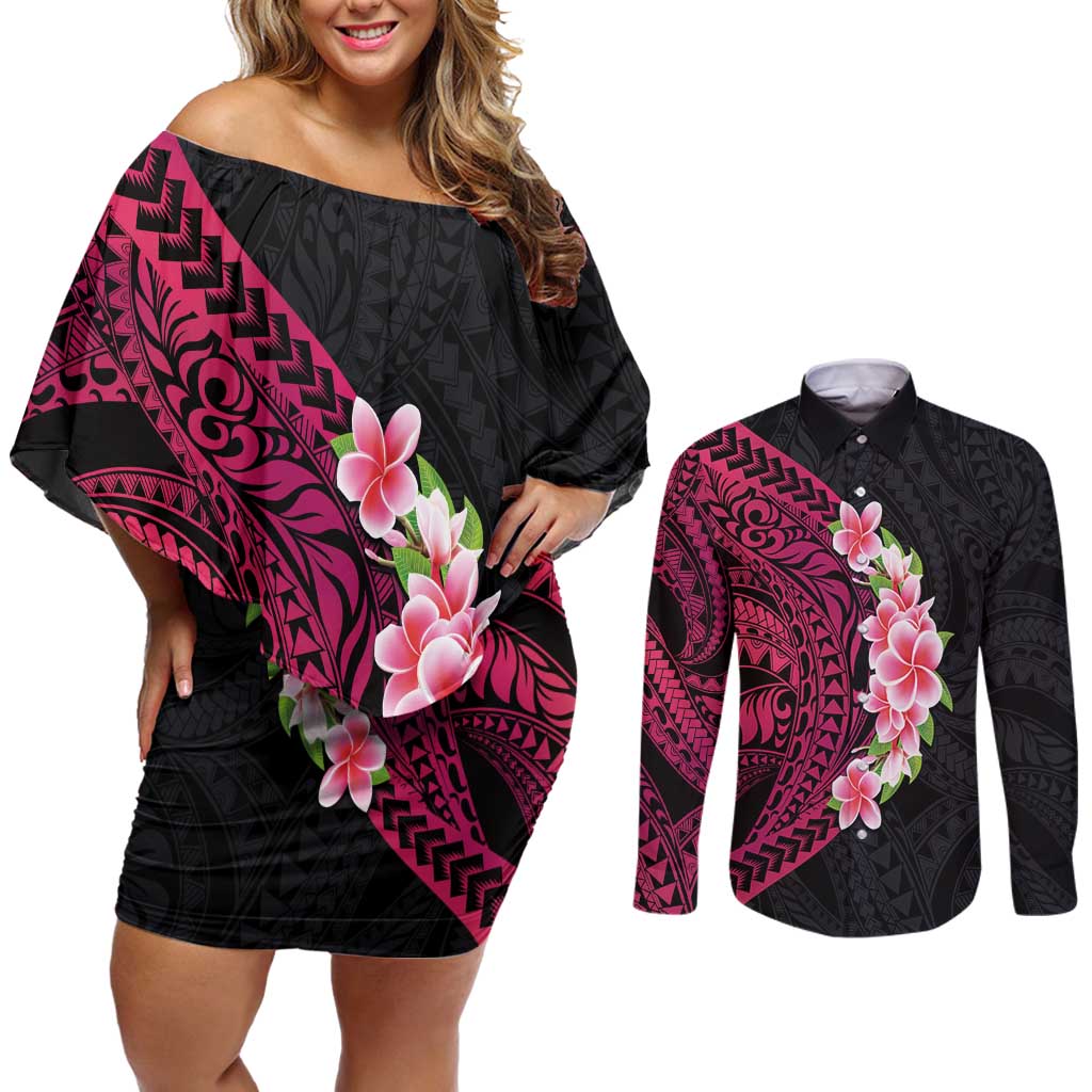 Hawaiian Tropical Plumeria Art Polynesian Tattoo Couples Matching Off Shoulder Short Dress and Long Sleeve Button Shirt Black and Bright Pink Color LT03 Pink - Polynesian Pride