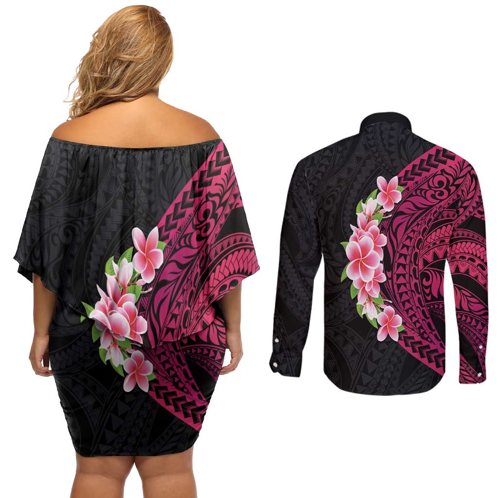 Hawaiian Tropical Plumeria Art Polynesian Tattoo Couples Matching Off Shoulder Short Dress and Long Sleeve Button Shirt Black and Bright Pink Color LT03 - Polynesian Pride