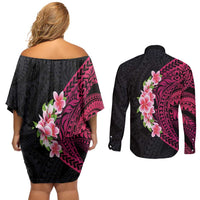 Hawaiian Tropical Plumeria Art Polynesian Tattoo Couples Matching Off Shoulder Short Dress and Long Sleeve Button Shirt Black and Bright Pink Color LT03 - Polynesian Pride