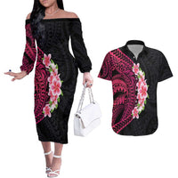 Hawaiian Tropical Plumeria Art Polynesian Tattoo Couples Matching Off The Shoulder Long Sleeve Dress and Hawaiian Shirt Black and Bright Pink Color LT03 Pink - Polynesian Pride