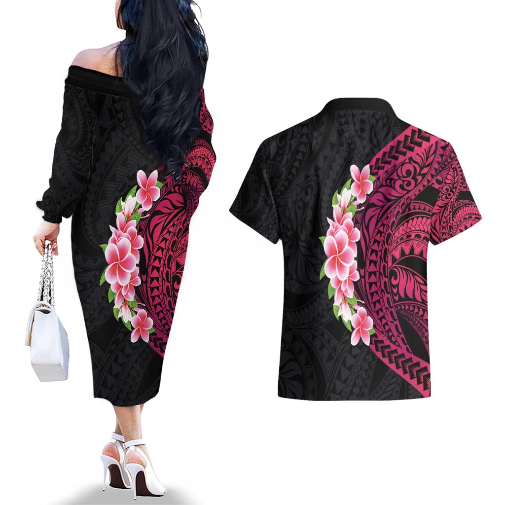 Hawaiian Tropical Plumeria Art Polynesian Tattoo Couples Matching Off The Shoulder Long Sleeve Dress and Hawaiian Shirt Black and Bright Pink Color LT03 - Polynesian Pride