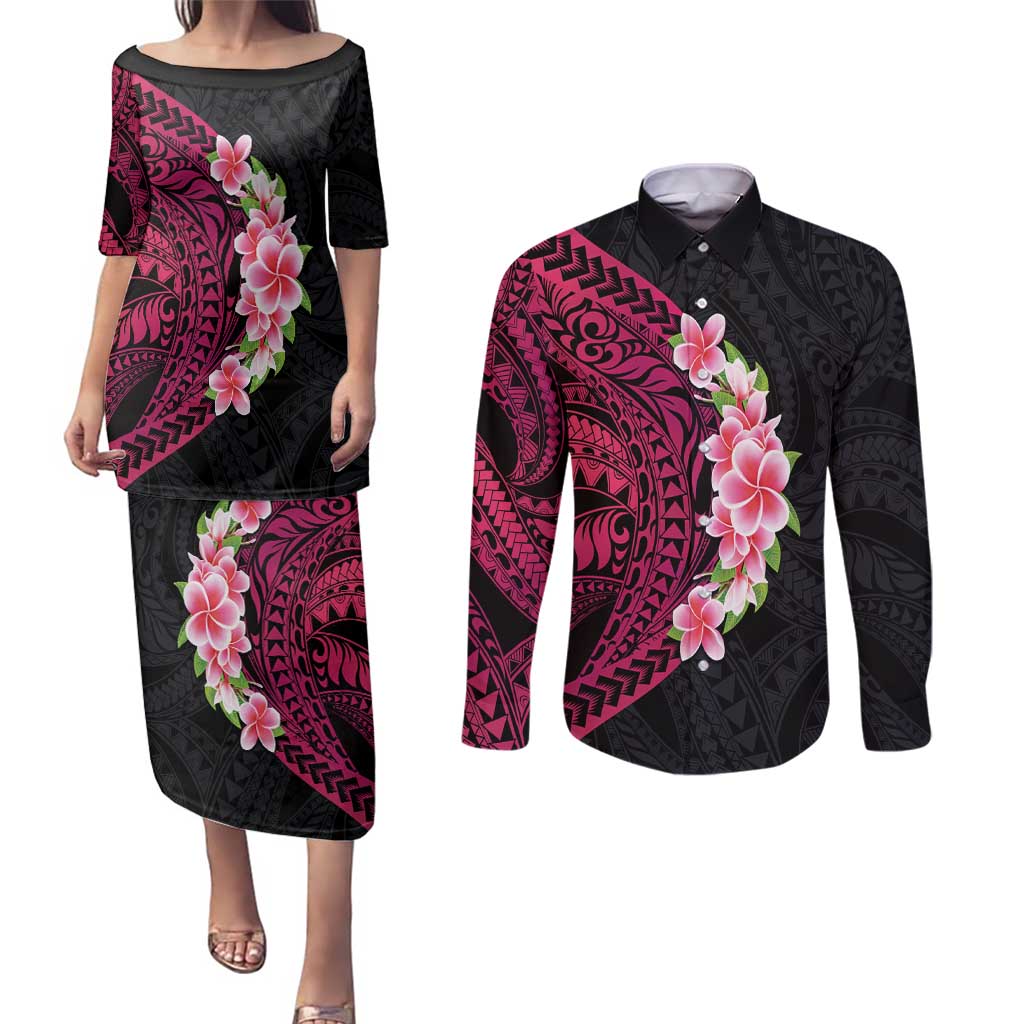 Hawaiian Tropical Plumeria Art Polynesian Tattoo Couples Matching Puletasi and Long Sleeve Button Shirt Black and Bright Pink Color LT03 Pink - Polynesian Pride