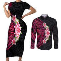 Hawaiian Tropical Plumeria Art Polynesian Tattoo Couples Matching Short Sleeve Bodycon Dress and Long Sleeve Button Shirt Black and Bright Pink Color LT03 Pink - Polynesian Pride
