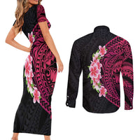 Hawaiian Tropical Plumeria Art Polynesian Tattoo Couples Matching Short Sleeve Bodycon Dress and Long Sleeve Button Shirt Black and Bright Pink Color LT03 - Polynesian Pride