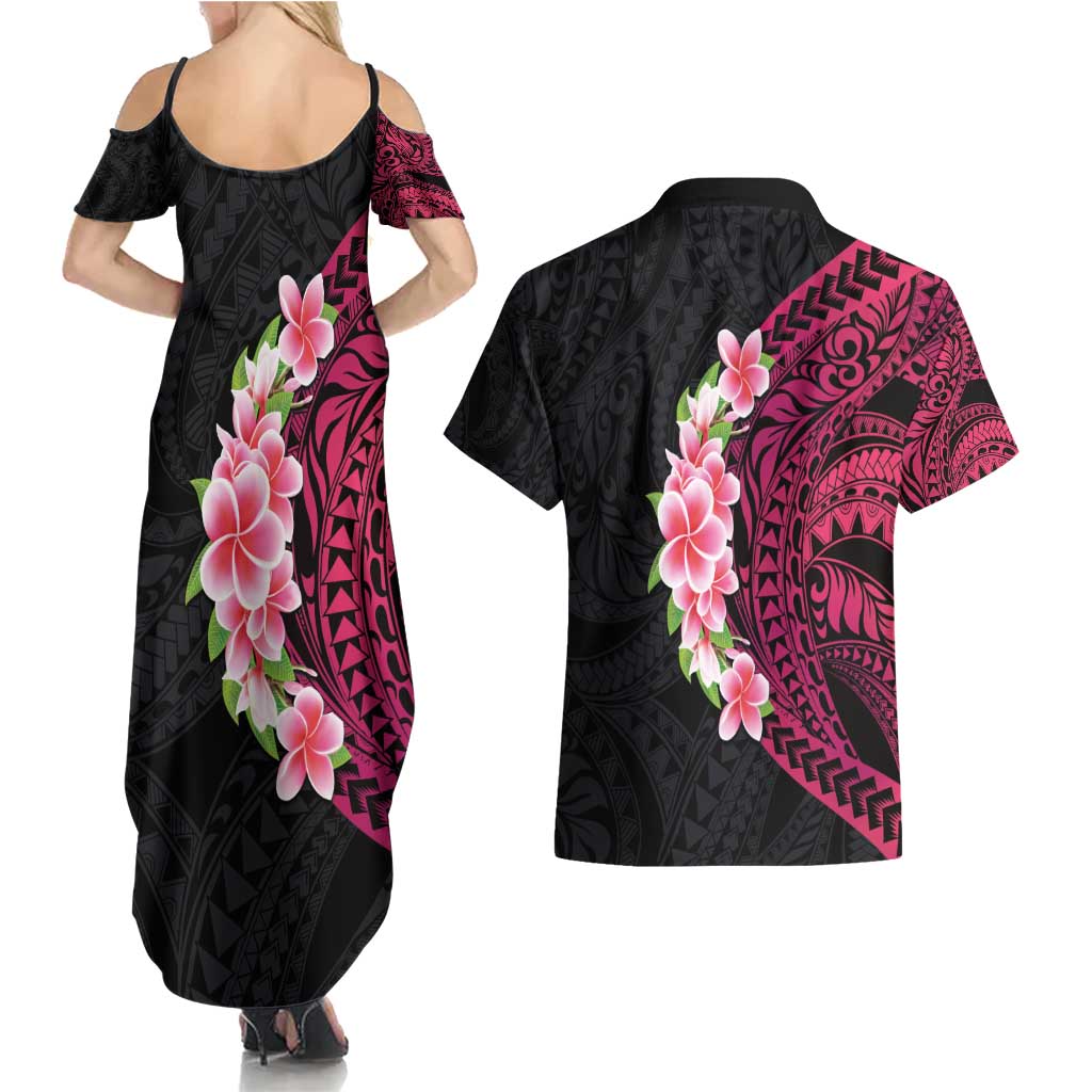 Hawaiian Tropical Plumeria Art Polynesian Tattoo Couples Matching Summer Maxi Dress and Hawaiian Shirt Black and Bright Pink Color LT03 - Polynesian Pride