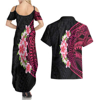Hawaiian Tropical Plumeria Art Polynesian Tattoo Couples Matching Summer Maxi Dress and Hawaiian Shirt Black and Bright Pink Color LT03 - Polynesian Pride