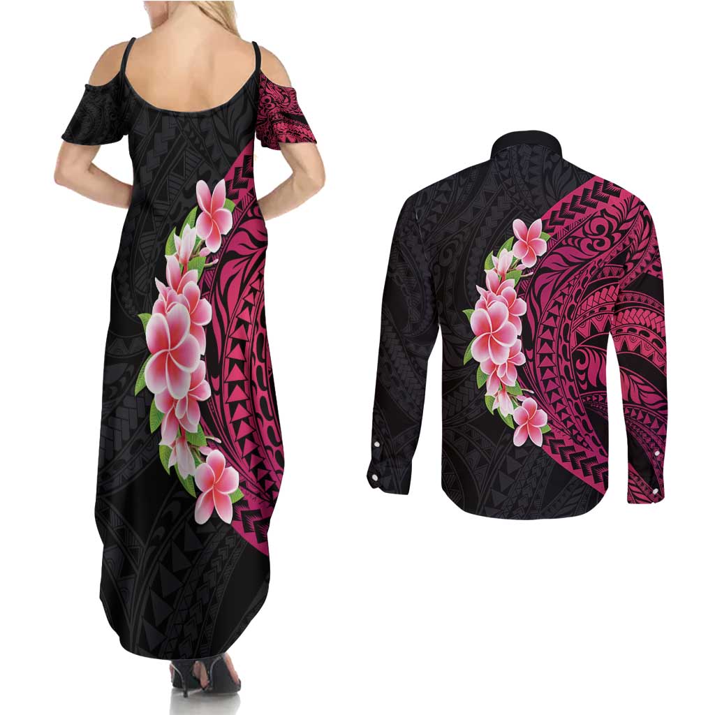 Hawaiian Tropical Plumeria Art Polynesian Tattoo Couples Matching Summer Maxi Dress and Long Sleeve Button Shirt Black and Bright Pink Color LT03 - Polynesian Pride