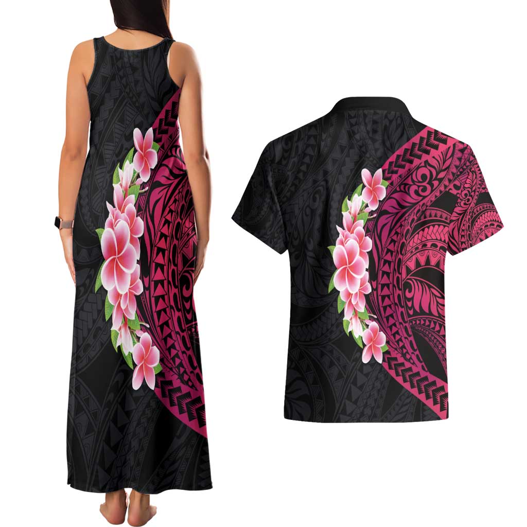 Hawaiian Tropical Plumeria Art Polynesian Tattoo Couples Matching Tank Maxi Dress and Hawaiian Shirt Black and Bright Pink Color LT03 - Polynesian Pride