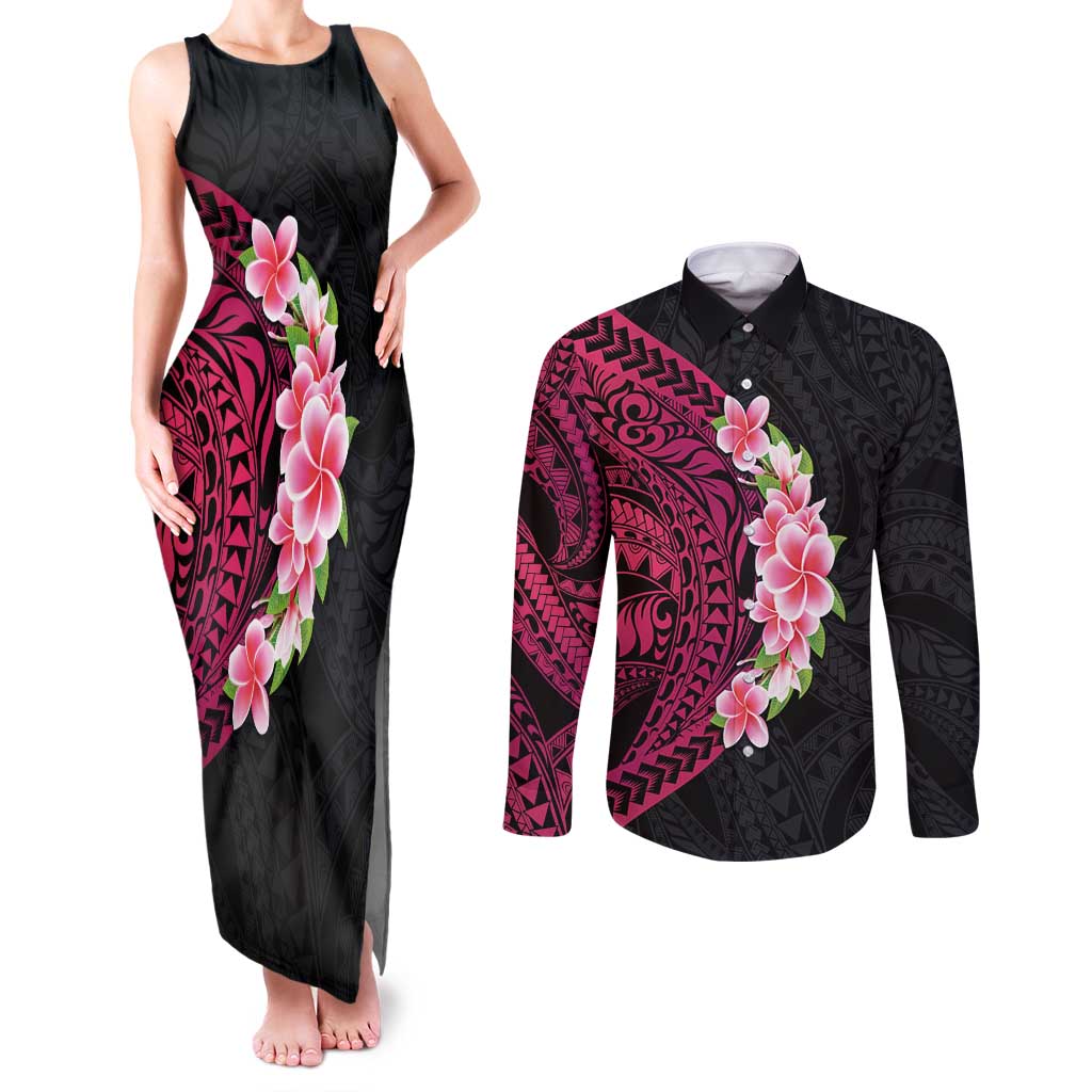 Hawaiian Tropical Plumeria Art Polynesian Tattoo Couples Matching Tank Maxi Dress and Long Sleeve Button Shirt Black and Bright Pink Color LT03 Pink - Polynesian Pride