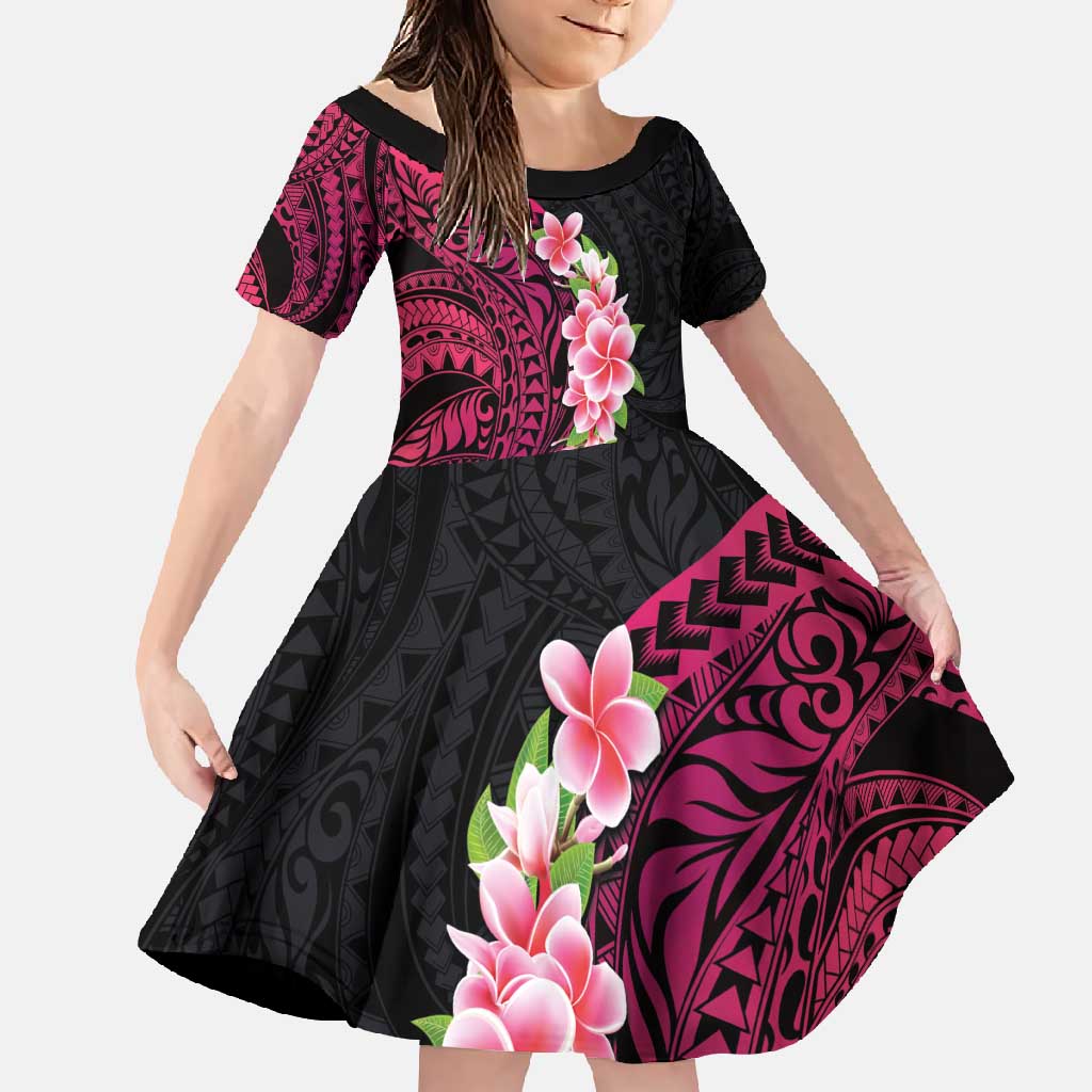 Hawaiian Tropical Plumeria Art Polynesian Tattoo Family Matching Long Sleeve Bodycon Dress and Hawaiian Shirt Black and Bright Pink Color LT03 Daughter's Dress Pink - Polynesian Pride