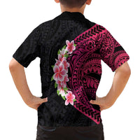 Hawaiian Tropical Plumeria Art Polynesian Tattoo Family Matching Off The Shoulder Long Sleeve Dress and Hawaiian Shirt Black and Bright Pink Color LT03 - Polynesian Pride