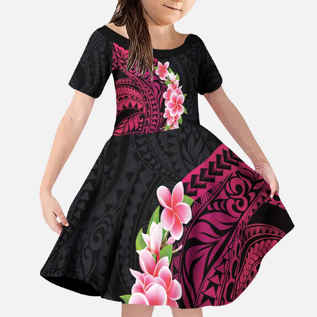 Hawaiian Tropical Plumeria Art Polynesian Tattoo Family Matching Off Shoulder Maxi Dress and Hawaiian Shirt Black and Bright Pink Color LT03 Daughter's Dress Pink - Polynesian Pride