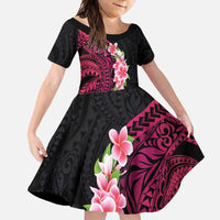 Hawaiian Tropical Plumeria Art Polynesian Tattoo Family Matching Off Shoulder Maxi Dress and Hawaiian Shirt Black and Bright Pink Color LT03 Daughter's Dress Pink - Polynesian Pride