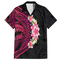 Hawaiian Tropical Plumeria Art Polynesian Tattoo Family Matching Off Shoulder Maxi Dress and Hawaiian Shirt Black and Bright Pink Color LT03 Dad's Shirt - Short Sleeve Pink - Polynesian Pride