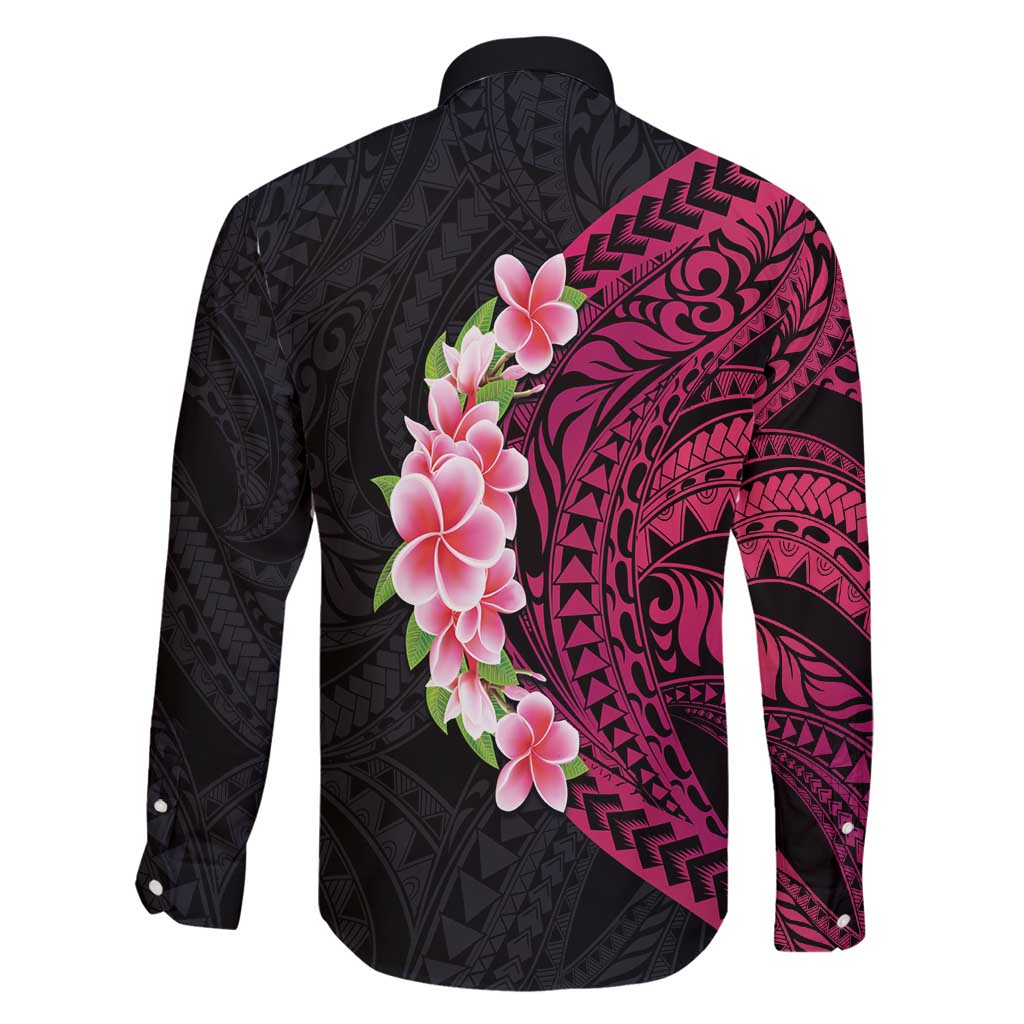 Hawaiian Tropical Plumeria Art Polynesian Tattoo Family Matching Off Shoulder Maxi Dress and Hawaiian Shirt Black and Bright Pink Color LT03 - Polynesian Pride