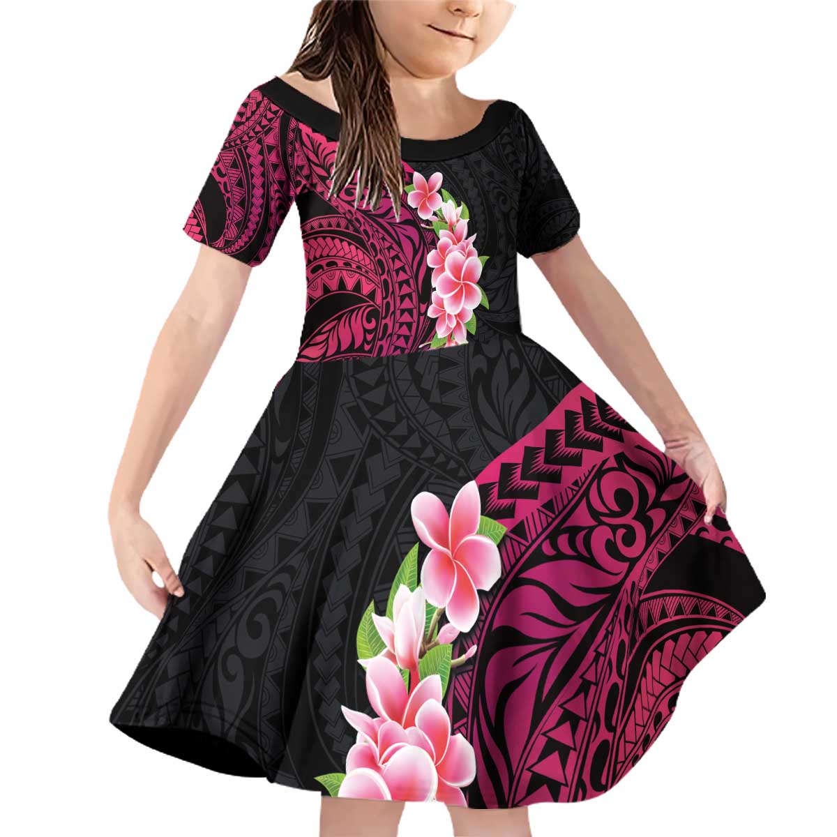 Hawaiian Tropical Plumeria Art Polynesian Tattoo Family Matching Off Shoulder Short Dress and Hawaiian Shirt Black and Bright Pink Color LT03 Daughter's Dress Pink - Polynesian Pride