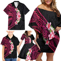 Hawaiian Tropical Plumeria Art Polynesian Tattoo Family Matching Off Shoulder Short Dress and Hawaiian Shirt Black and Bright Pink Color LT03 - Polynesian Pride