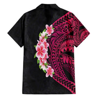 Hawaiian Tropical Plumeria Art Polynesian Tattoo Family Matching Off Shoulder Short Dress and Hawaiian Shirt Black and Bright Pink Color LT03 - Polynesian Pride