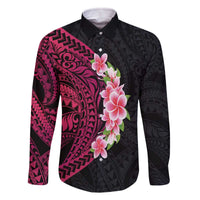 Hawaiian Tropical Plumeria Art Polynesian Tattoo Family Matching Off Shoulder Short Dress and Hawaiian Shirt Black and Bright Pink Color LT03 Dad's Shirt - Long Sleeve Pink - Polynesian Pride