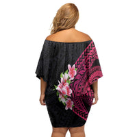 Hawaiian Tropical Plumeria Art Polynesian Tattoo Family Matching Off Shoulder Short Dress and Hawaiian Shirt Black and Bright Pink Color LT03 - Polynesian Pride