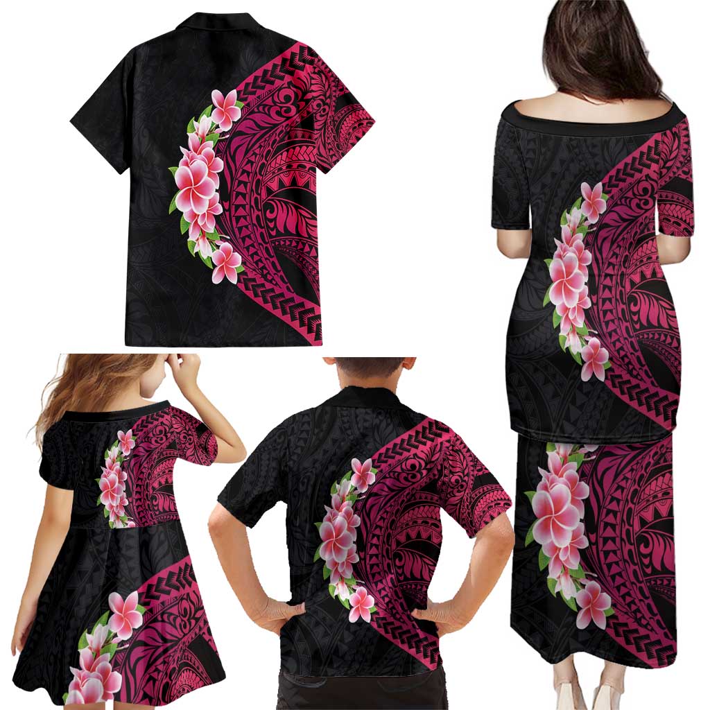Hawaiian Tropical Plumeria Art Polynesian Tattoo Family Matching Puletasi and Hawaiian Shirt Black and Bright Pink Color LT03 - Polynesian Pride