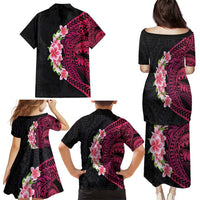 Hawaiian Tropical Plumeria Art Polynesian Tattoo Family Matching Puletasi and Hawaiian Shirt Black and Bright Pink Color LT03 - Polynesian Pride