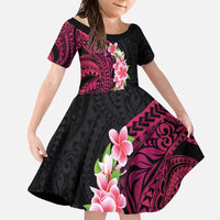 Hawaiian Tropical Plumeria Art Polynesian Tattoo Family Matching Short Sleeve Bodycon Dress and Hawaiian Shirt Black and Bright Pink Color LT03 Daughter's Dress Pink - Polynesian Pride