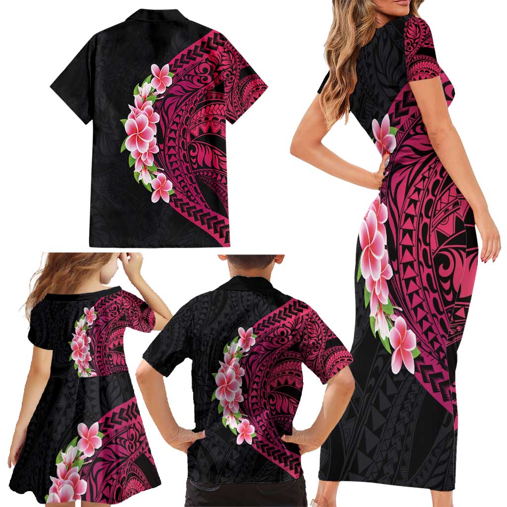 Hawaiian Tropical Plumeria Art Polynesian Tattoo Family Matching Short Sleeve Bodycon Dress and Hawaiian Shirt Black and Bright Pink Color LT03 - Polynesian Pride