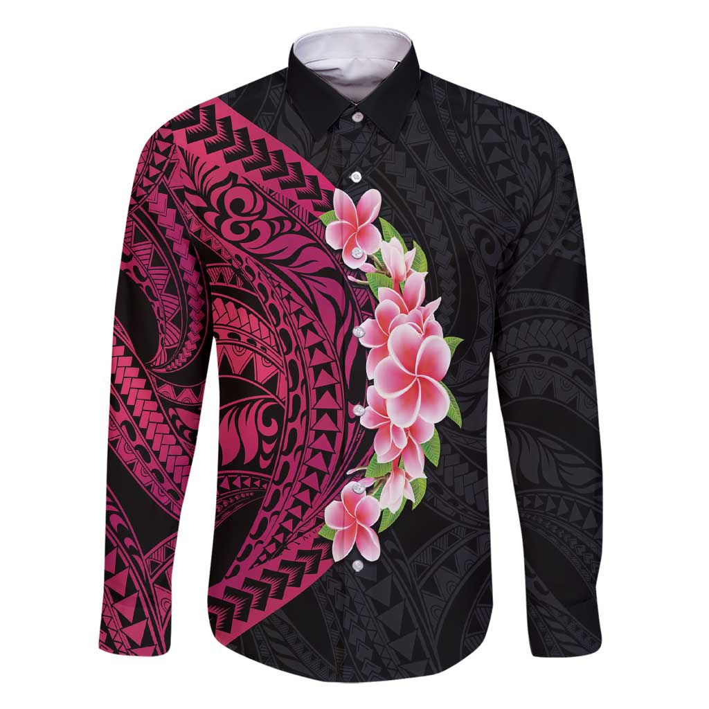 Hawaiian Tropical Plumeria Art Polynesian Tattoo Family Matching Short Sleeve Bodycon Dress and Hawaiian Shirt Black and Bright Pink Color LT03 Dad's Shirt - Long Sleeve Pink - Polynesian Pride