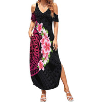 Hawaiian Tropical Plumeria Art Polynesian Tattoo Family Matching Summer Maxi Dress and Hawaiian Shirt Black and Bright Pink Color LT03 Mom's Dress Pink - Polynesian Pride
