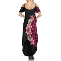 Hawaiian Tropical Plumeria Art Polynesian Tattoo Family Matching Summer Maxi Dress and Hawaiian Shirt Black and Bright Pink Color LT03 - Polynesian Pride