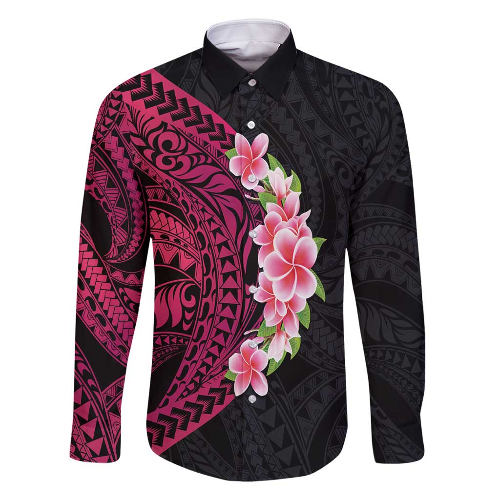 Hawaiian Tropical Plumeria Art Polynesian Tattoo Family Matching Tank Maxi Dress and Hawaiian Shirt Black and Bright Pink Color LT03 Dad's Shirt - Long Sleeve Pink - Polynesian Pride