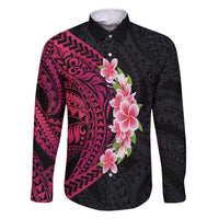Hawaiian Tropical Plumeria Art Polynesian Tattoo Family Matching Tank Maxi Dress and Hawaiian Shirt Black and Bright Pink Color LT03 Dad's Shirt - Long Sleeve Pink - Polynesian Pride